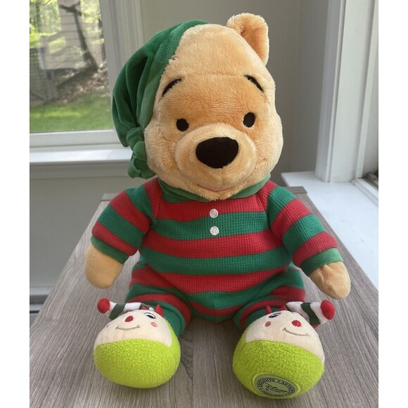 Disney Store Winnie the Pooh Bear Pajamas Red Green Christmas Plush Toy  EUC - Picture 2 of 11